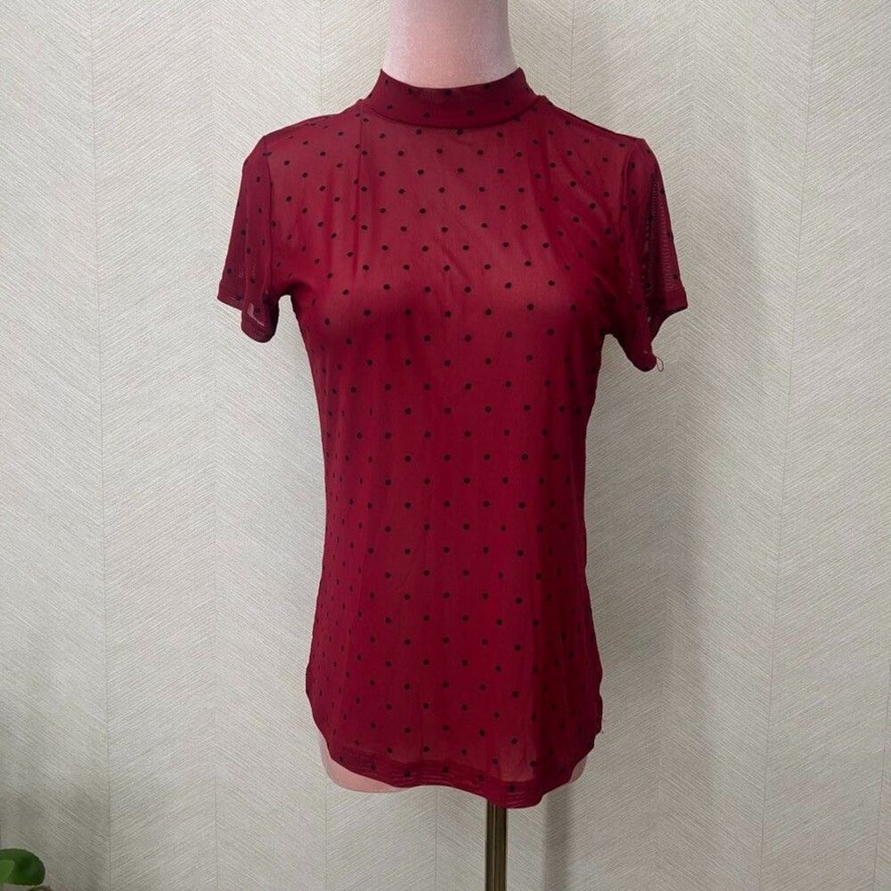Taxi New York Sheer Mesh Polka Dot Short Sleeve Mock Neck Burgundy Top Womens S